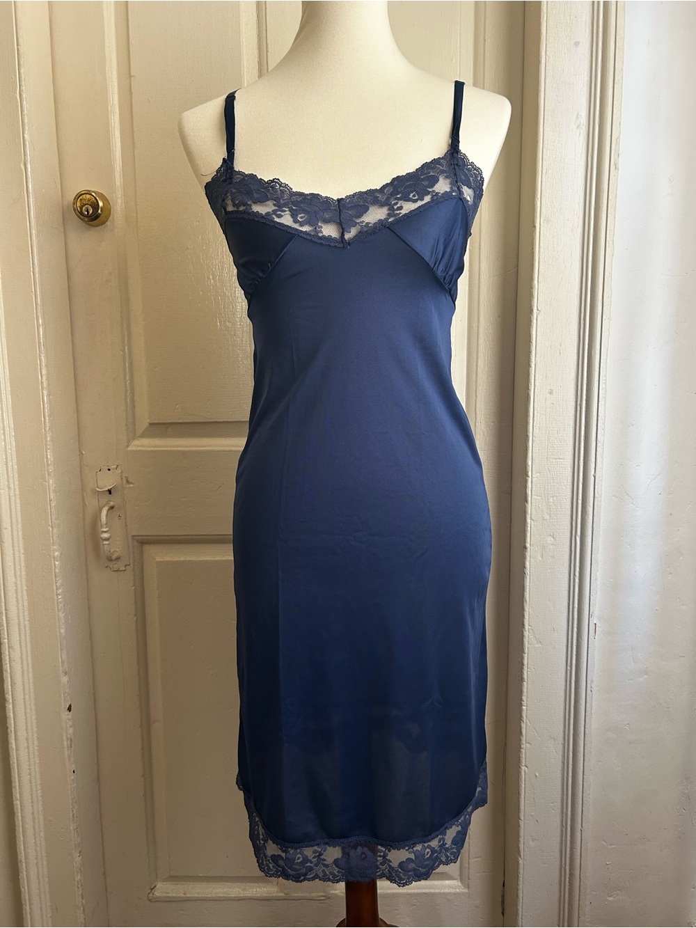 Vintage Navy Blue Lace-Trim Spaghetti Strap Chemise Nightgown Slip XS